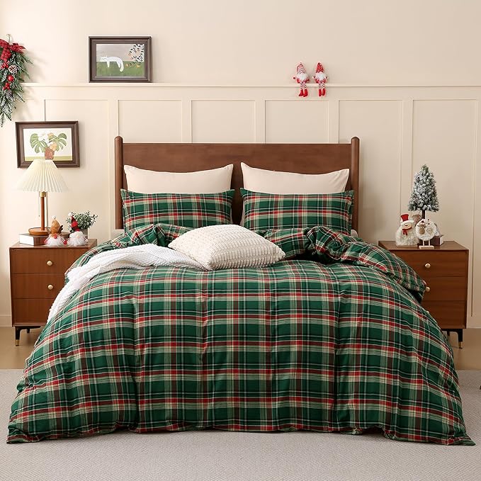 TOCOMOA Christmas Plaid Duvet Cover Set 100% Washed Cotton Like Linen Feel Super Soft Comfy 3 Piece Green Red Gingham Checkered Bedding Comforter Cover Set (Twin 68"x90", Comforter Not Included)