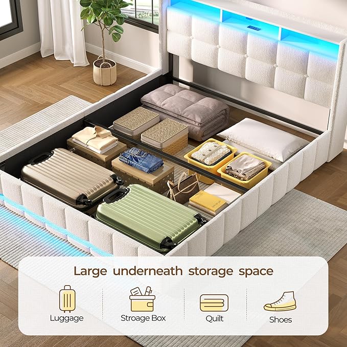 Rolanstar Bed Frame Full Size with Lift Up Storage, Charging Station & LED Lights, Upholstered Storage Headboard, Heavy Duty Wooden Slats, No Box Spring Needed, Noise Free, Easy Assembly, Beige