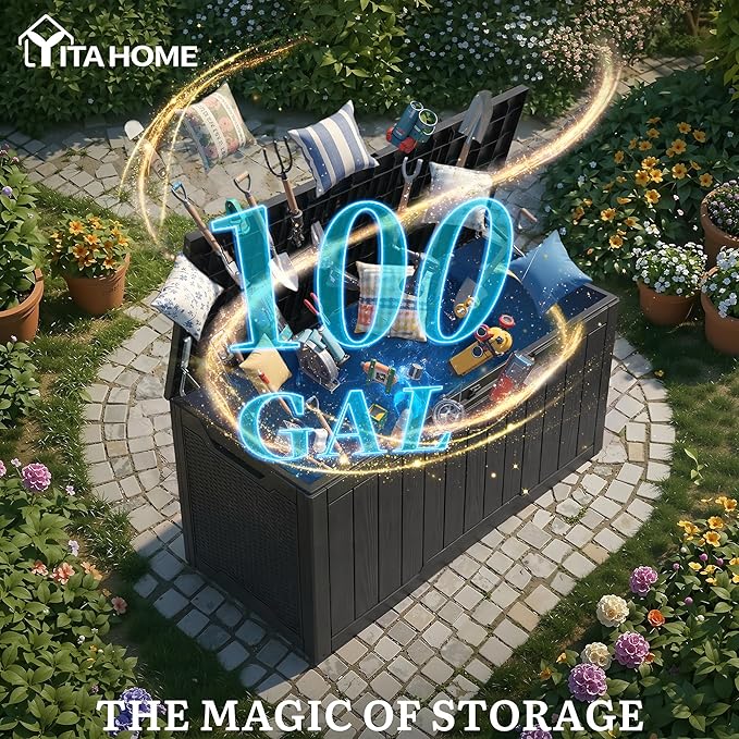 YITAHOME 100 Gallon Large Outdoor Deck Box, Waterproof Resin Storage Box, Lockable Indoor Outdoor Storage Container for Patio Furniture Cushions, Pool Accessories, Garden Tools, Black