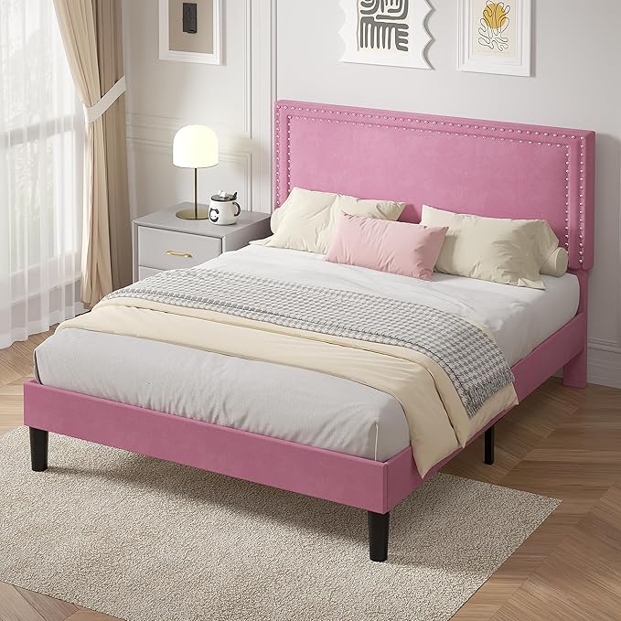 VECELO Full Size Platform Bed Frame with Height Adjustable Upholstered Headboard, Modern Mattress Foundation,Strong Wood Slat Support, No Box Spring Needed, Easy Assembly,Pink