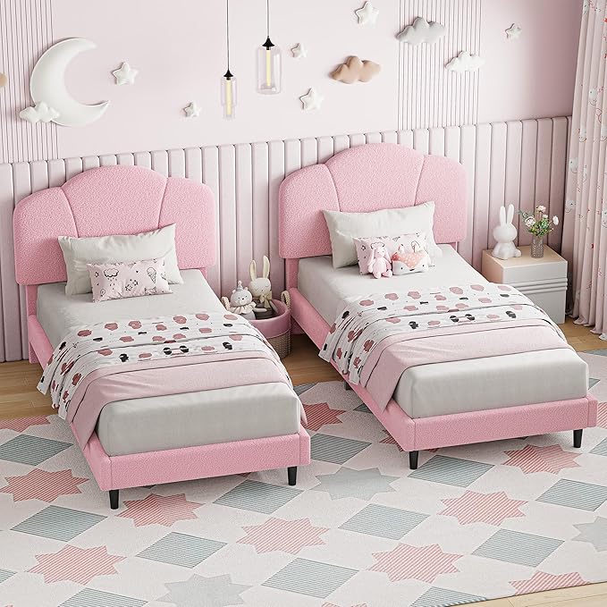 LIKIMIO Twin Size Bed Frame Sef of 2, Upholstered Twin Platform Bed with Headboard Lamb Velvet Twin Beds, No Box Spring Needed with 800LBS Sturdy Wooden Slats Support, Noise Free, Easy Assembly, Pink