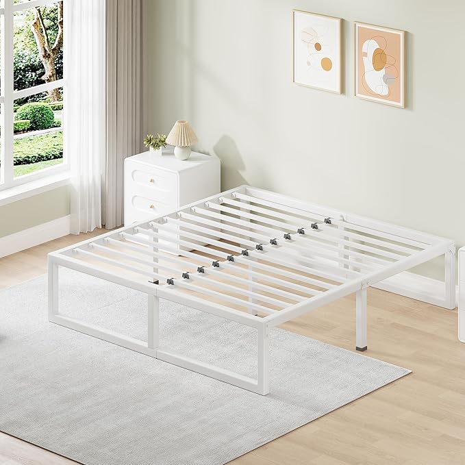 Queen Bed Frame, 14 Inch Metal Platform Bed Frames with Squeak Free U-Slot Design, 6 Non-Slip Guards, 3500lbs Heavy Duty Steel Slat Support, No Box Spring Needed, Under Bed Storage, White