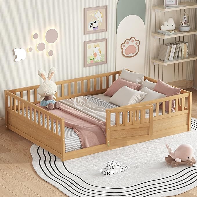 Bellemave Full Size Floor Bed with Slats and Door, Full Size Montessori Floor Bed with Rails, Easy Assemble Montessori Beds Frame for Bedroom, Natural