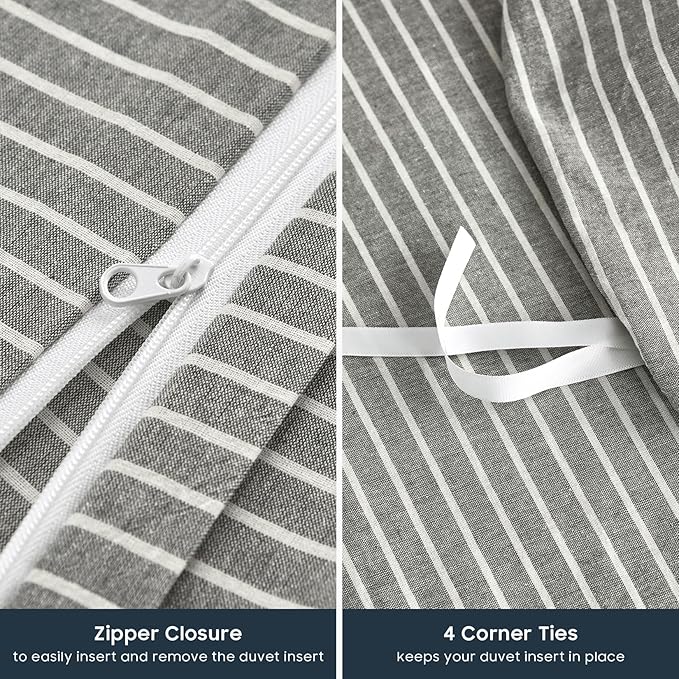 Wake In Cloud - Striped Cotton Duvet Cover Set, 100% Washed Cotton Textured Percale Bedding Set, Ticking Stripe Pinstripe Farmhouse, 3 Pieces, Grey, King Size