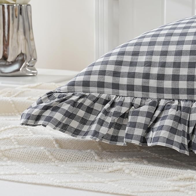 Grey/White Plaid Ruffled Checkered Body Pillow Sham 20x54 inches 1 Piece, Washed Cotton Vintage Farmhouse Bed Body Pillow Cover for Bed/Sofa