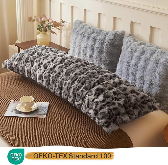 LIFEREVO Leopard Print 20 x 54 Faux Rabbit Fur Body Pillow Cover, Comfy Cheetah Print Bubble Shaggy Bed Pillowcase with Zipper, Long Plush Furry Farmhouse Pillow Case for Adults Kids Girls Teens, Grey