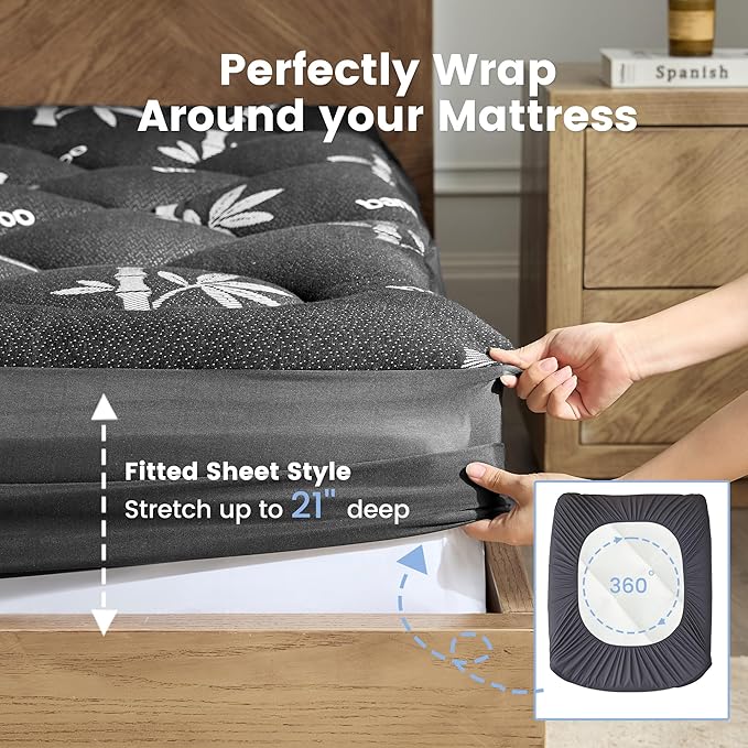 Mattress Topper Full Size - Viscose Made from Bamboo Pillow Top Mattress Pad with Deep Pockets - Soft Mattress Topper for Back Pain Relief(54"x75",Black)
