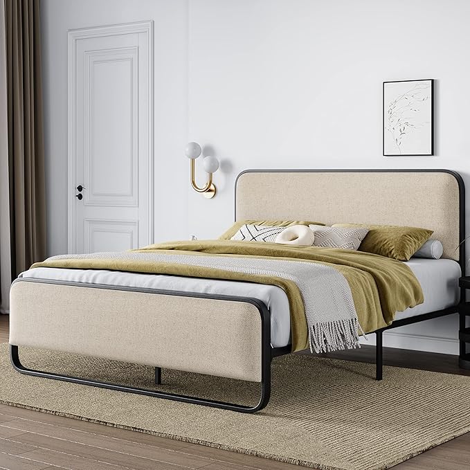Allewie Full Size Metal Bed Frame with Curved Upholstered Headboard and Footboard, Platform Bed Frame with 12.4'' Under Bed Storage, No Box Spring Needed, Vintage, Beige