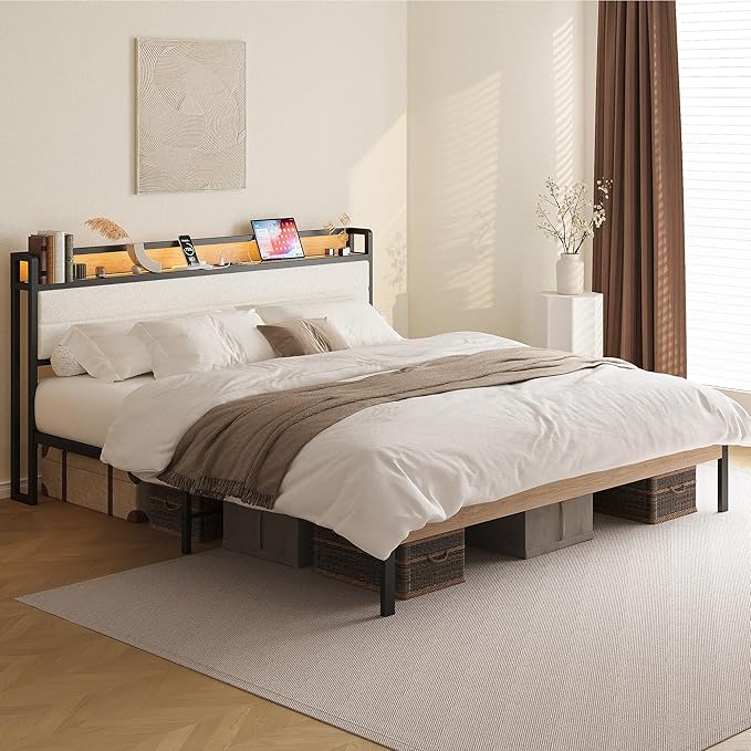 LIKIMIO King Size Bed Frame, Storage Headboard with LED Lights and Charging Station, Metal Platform Bed No Box Spring Needed, Noise Free, Under Bed Storage, Natural and Cream