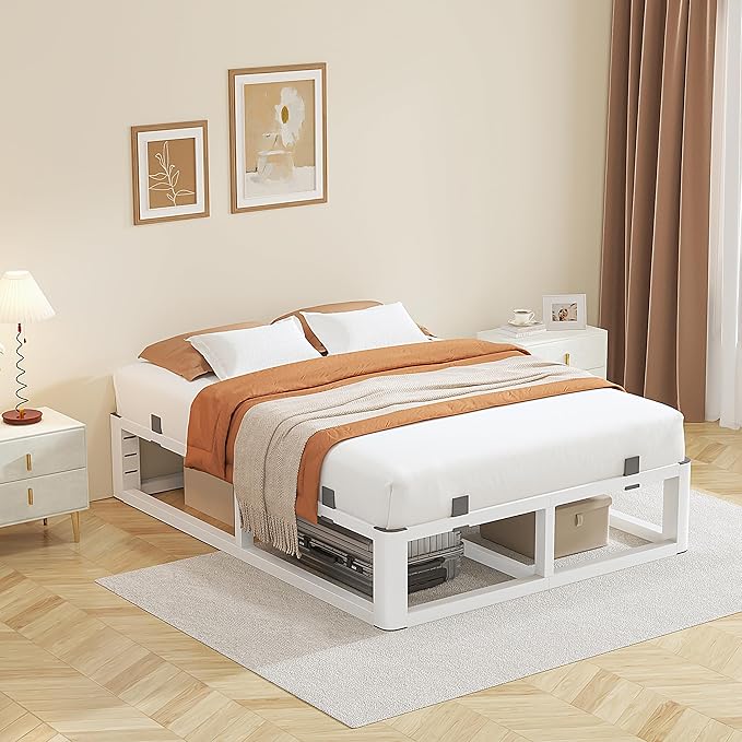 14 Inch Queen Bed Frame with Rounded Corner and Headboard Hole, Metal Platform Bed Frames 6 Non-Slip Guards, 3500lbs Heavy Duty Steel Slat Support, Squeak Free, No Box Spring Needed, White