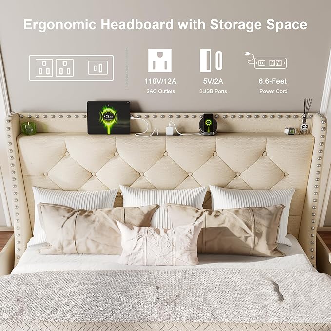 Feonase Queen Bed Frame with Luxury Wingback and Fast Charging Station,Queen Upholstered Button Tufted Storage Headboard Platform Bed,Sturdy Wooden Slats Support,Noise-Free,Easy Assembly, Beige