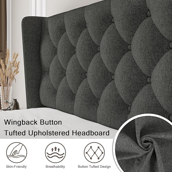 Einhomn King Size Platform Bed Frame with Upholstered Wingback Headboard, 12" Under Bed Space, Wooden & Metal Slats Support, No Box Spring Needed, Black