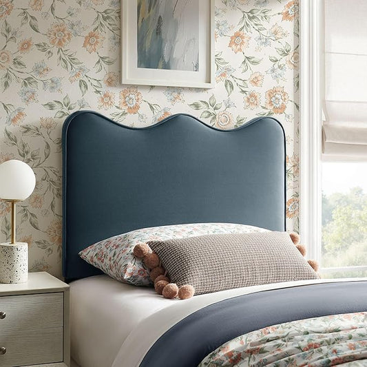 Monday Athena Twin Size Performance Velvet Adjustable Headboard in Cadet Blue - with Scalloped Wave Design and Stain-Resistant Velvet Upholstery