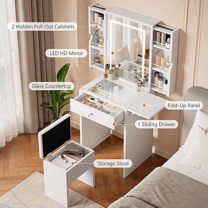 Einhomn Small Vanity Desk Set with Mirror and Lights, Glass Top Vanity with Storage, Compact Makeup Dressing Table with Stool and 2 Hidden Pull-Out Cabinets, for Bedroom, Saving Space, White