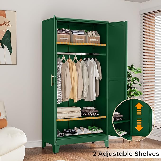 Metal Armoire Wardrobe Closet with Hanging Rod, Clothing Storage Cabinet with Adjustable Shelves for Laundry Room, Bedroom, Home Office, Bathroom, 71" Green