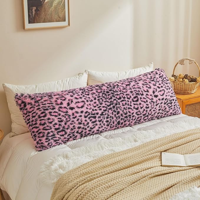 XeGe 20x54 Fluffy Leopard Print Body Pillow Cover, Cheetah Print Plush Fuzzy Faux Fur Body Pillowcase with Zipper, Farmhouse Shaggy Furry Long Pillow Cover for Women Side Sleeper, Black and Pink