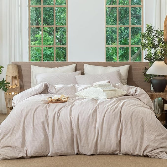 MooMee Striped Duvet Cover Set 100% Washed Cotton Linen Like Textured Breathable Durable Soft Comfy (Orange Pinstripes, Super King 108"x98")