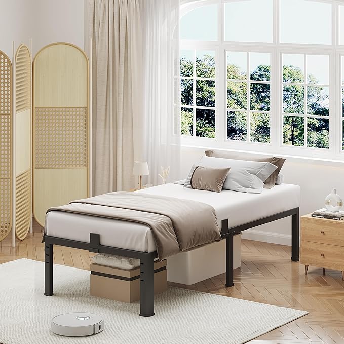 NKZ 18 Inch Metal Platform Bed Frame, Twin Size Bed Frame with Round Corner Legs, 3,500 lbs Heavy Duty Steel Slats Support, No Box Spring Needed, Easy Assembly, Noise Free