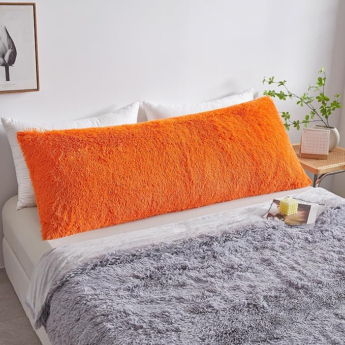 MEGO Luxury Fluffy Body Pillow Cover, 20x54 Shaggy Faux Fur Body Pillow Case, Soft Plush Fuzzy Body Pillowcase, Decorative Furry Long Bed Pillow with Zipper Closure Hug Pillow for Bedroom Orange