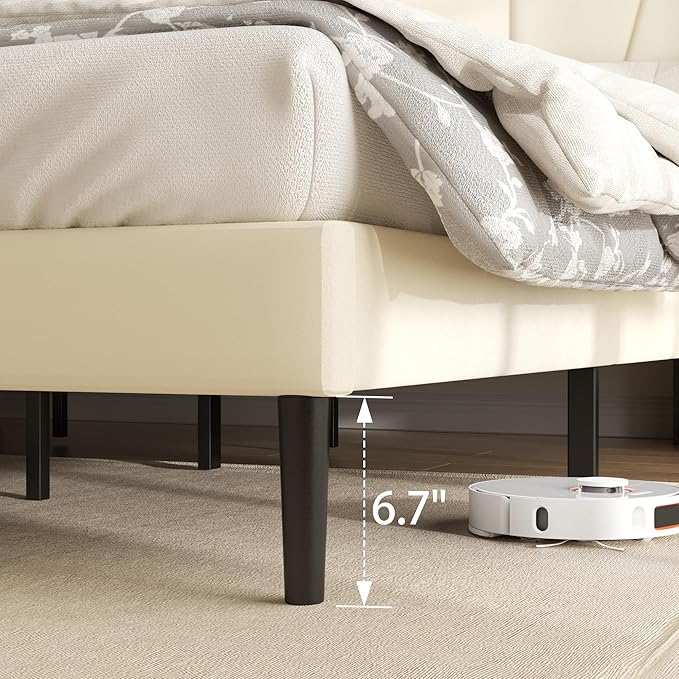 Sismplly King Bed Frame with Headboard, Velvet Upholstered King Size Platform Bed with Wingback, Mattress Foundation with Wooden Slat Support, No Box Spring Needed, Easy Assembly, Noise Free, Beige