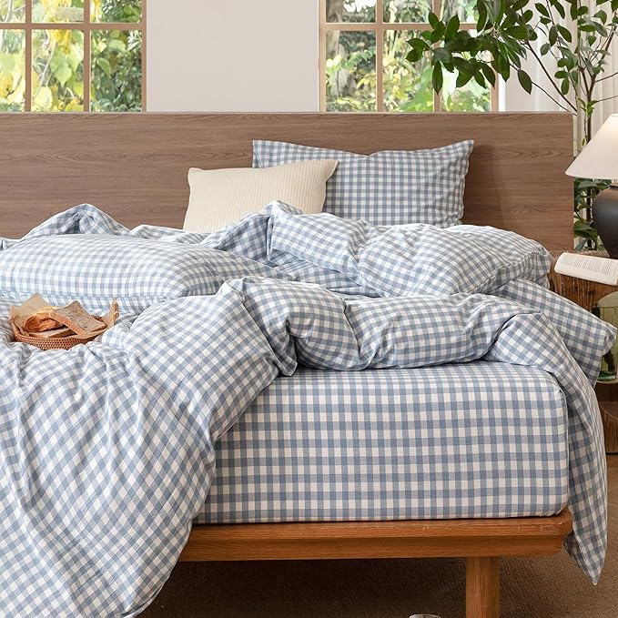 MooMee Gingham Duvet Cover Set 100% Washed Cotton Linen Like Textured Breathable Durable Soft Comfy Modern Checkered Design (Classic Gingham Cornflower Blue, Oversized Queen 98"x98")