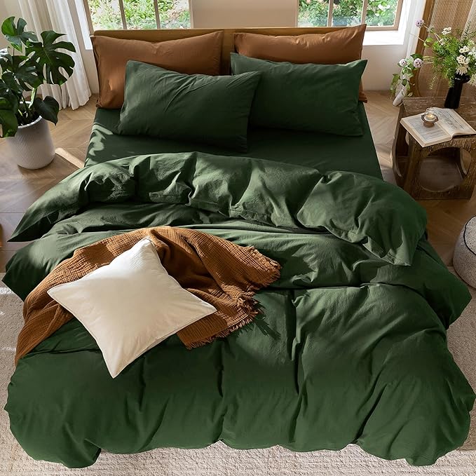 MooMee Bedding Duvet Cover Set 100% Washed Cotton Linen Like Textured Breathable Durable Soft Comfy (Solid Forest Green, Super King 108"x98")