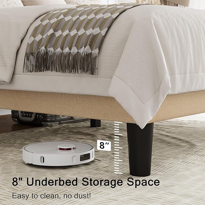 Einhomn Full Size Platform Bed Frame with Fabric Upholstered Wingback Headboard, 10" Under Bed Space, Wooden & Metal Slats Support, No Box Spring Needed, Beige