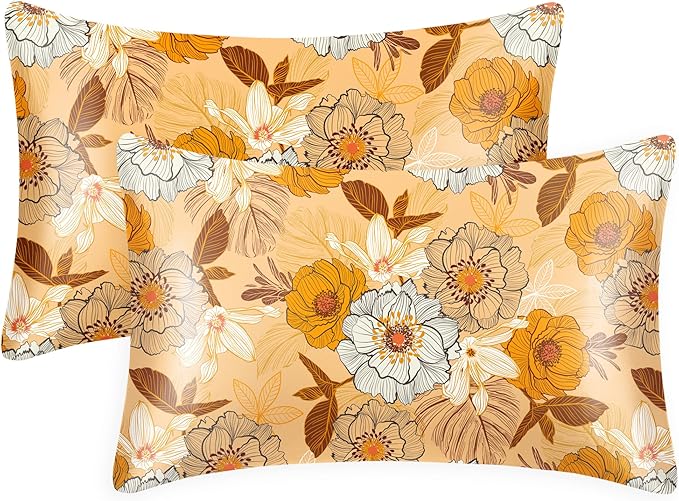 EXQ Home Satin Pillowcase for Hair and Skin King - Printed Autumn Flowers Silk Pillowcase 2 Pack 20x40 inches - Satin Pillow Cases Set of 2 with Envelope Closure, Gifts for Women Men