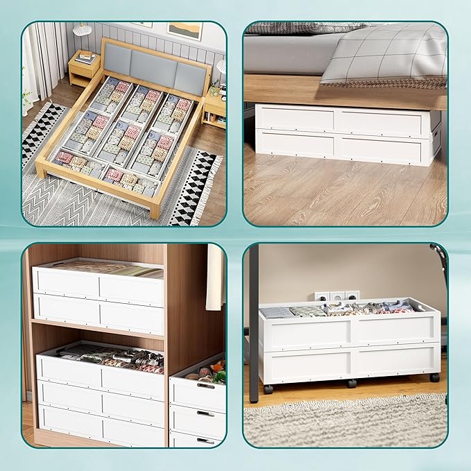 WISUCART Wood Under Bed Storage Containers Underbed Organizer with Wheels Sturdy Wood Rolling Under Bed Shoe Storage Organizer 2 Packs (White, Large)