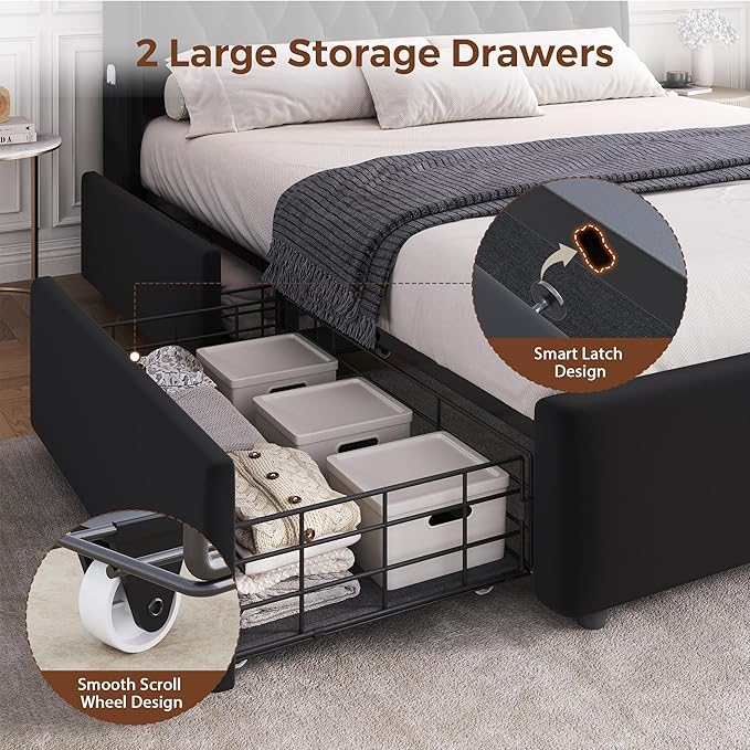 Full LED Velvet Bed Frame with 2 Storage Drawers&Hidden Headboard, Upholstered Platform Bed with Charging Station&Button Tufted Design, Wooden Slats Support, Box Spring Optional, Easy Assembly, Black