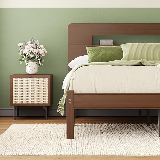 ZIYOO Walnut Finish Bamboo Bed Frame Twin XL 14” Height, Sturdy Mattress Foundation with Bamboo Exterior & Reinforced Metal Slats, Easy Assembly Bedroom Furniture