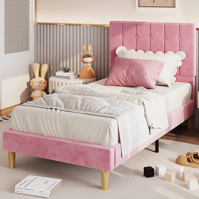 LIKIMIO Twin Bed Frames, Velvet Upholstered Platform Bed Frame with Headboard and Strong Wooden Slats, No Box Spring Needed/Noise-Free/Easy Assembly, Pink