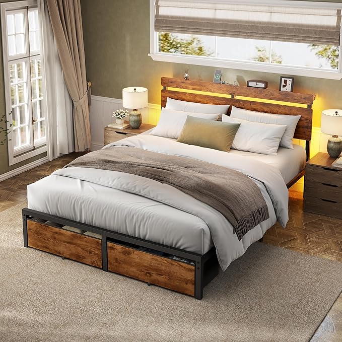 Forestell Queen Bed Frame with Wood Headboard, Metal Platform Bed with 2 Storage Drawers & Shelf, Built-in Charging Station & LED Lights, No Box Spring Needed, Vintage Brown, Cama Queen Size