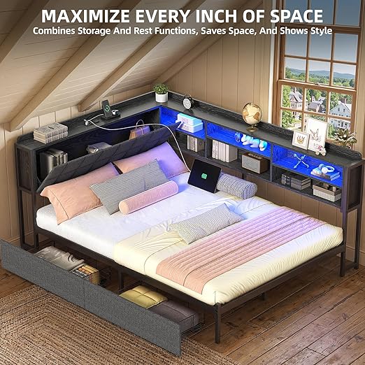 Full Corner Bed Frame with Storage Drawers and Bookcase & Flip-up Storage Headboard, Full Size Platform Corner Bed Frame with Charging Station and LED Lights, Full Daybed for Dorm or Guests, Grey