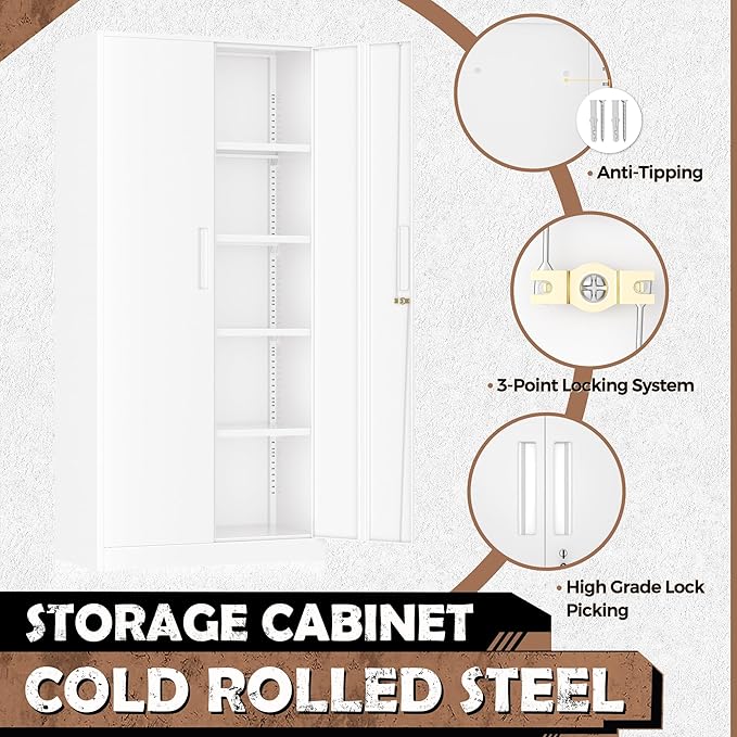 INTERGREAT Metal Storage Cabinet with Doors and Shelves,72" H White Steel Tool Locking Cabinet, Metal Storage Cabinet for Home Office, Warehouse, School
