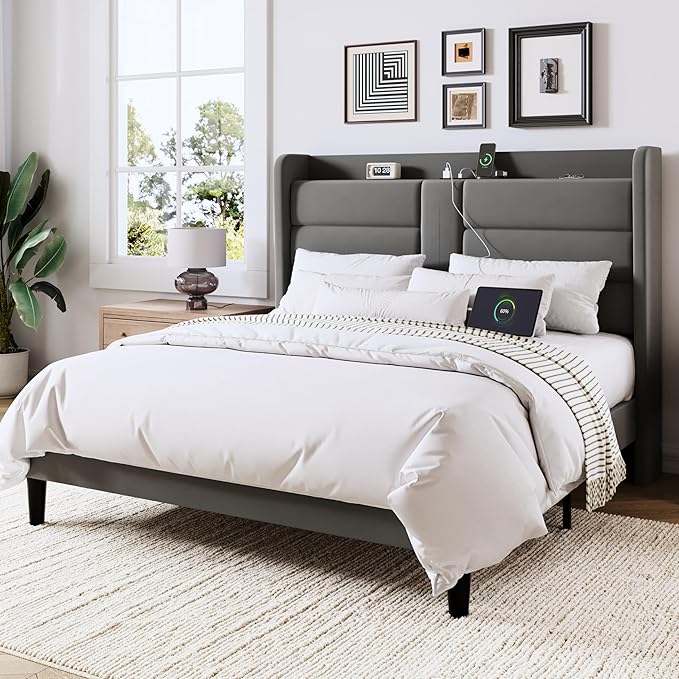 Allewie Full Size Platform Bed Frame with Charging Station & Storage Headboard, Upholstered Velvet Wingback Design & USB Port, Strong Wooden Slats Support, No Box Spring Needed, Easy Assembly, Grey