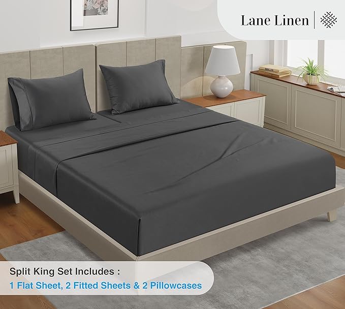 LANE LINEN 100% Cotton 450 Thread Count Split King Sheet Set for Adjustable Beds, Sateen Weave Hotel Quality, Fully Elasticized Oeko Tex Certified Sustainably Produced Machine Washable - Charcoal