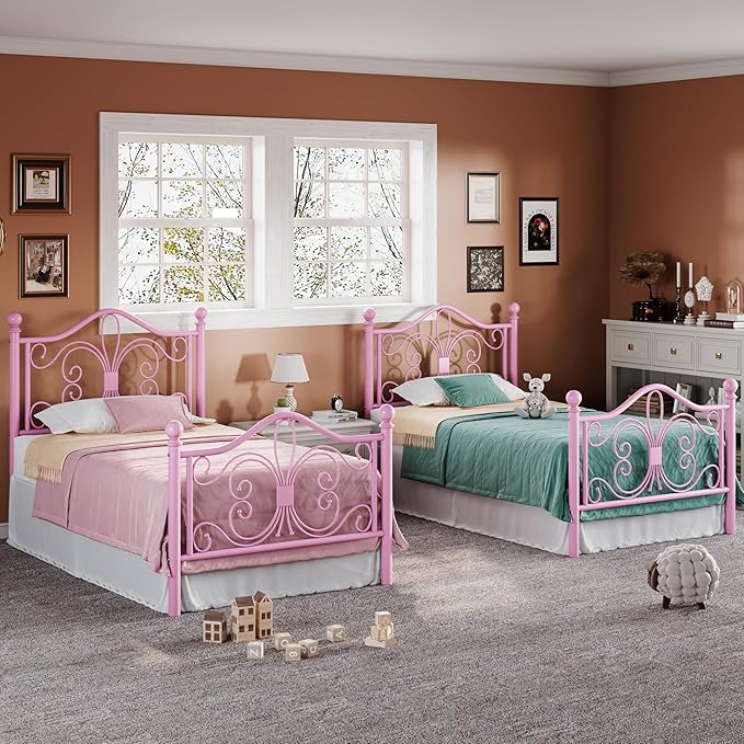 Allewie Twin Size Bed Frame with Headboard,Metal Bed Frame with Butterfly Pattern Design Headboard & Footboard,No Box Spring Needed,Easy Assembly,Pink