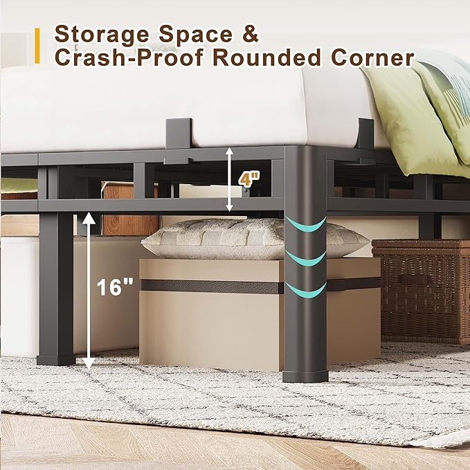 ROIL 20 Inch King Size Bed Frame, Metal Bed Frame & Box Spring 2 in 1 Platform with Round Corner Legs, 4000LBS Double Layer Bed Frame with Headboard Holes Mattress Baffles, Noise-Free Easy Assembly