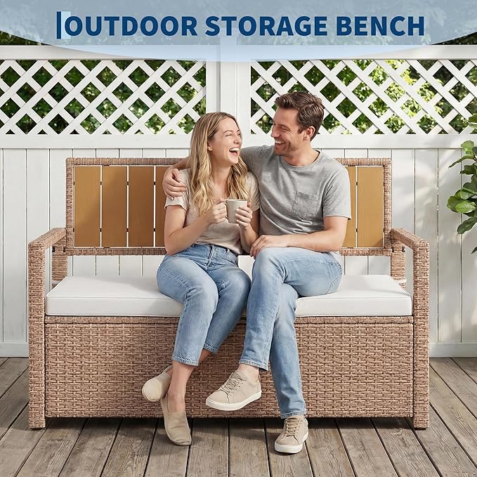 Outdoor Storage Bench with Cushion, Hand-Woven Yellow Wicker Deck Box with Backrest, Large Capacity Patio Storage Seat, Waterproof All-Weather Rattan Bench for Garden, Porch, Poolside