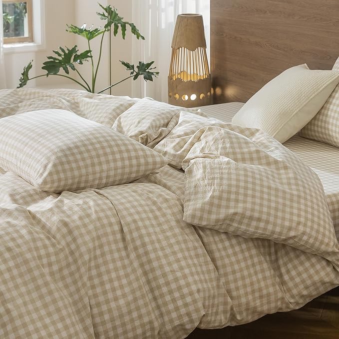 MooMee Gingham Duvet Cover Set 100% Washed Cotton Linen Like Textured Breathable Durable Soft Comfy Modern Checkered Design (Almond Milk Grey Gingham, Palatial King/Oversized King 120"x98")