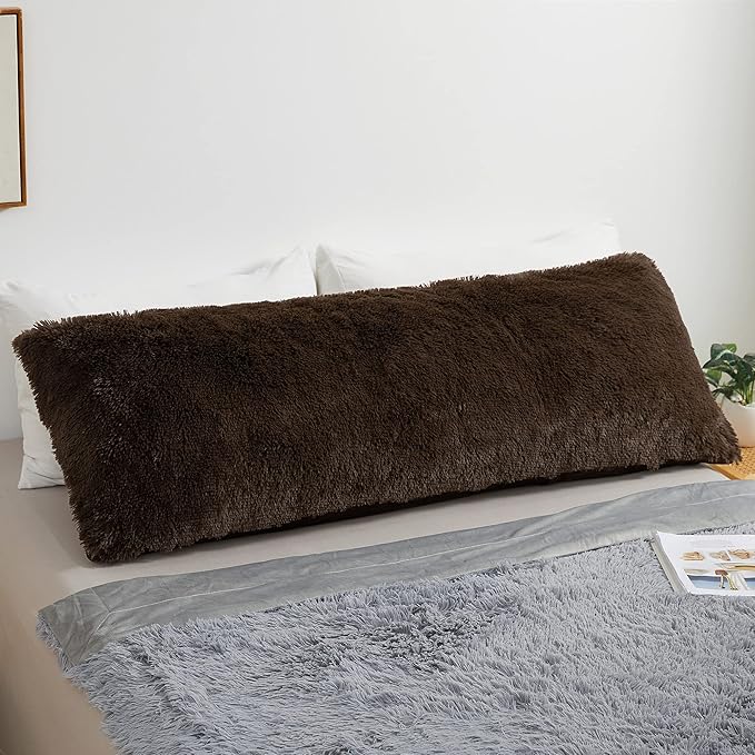 MEGO Shaggy Plush Body Pillow Cover, Faux Fur Fluffy Body Pillowcase, 20x54 Boho Fuzzy Full Body Pillow Case, Furry Long Big Throw Pillow Sham with Zipper for Home Bedding Couch Living Room Brown