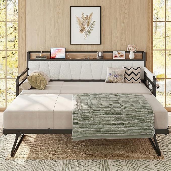 LIKIMIO Twin Daybed, Day Bed with Trundle, Storage Boucle Upholstered Headboard and Charging Station, Trundle Bed with Strong Supports for Living Room, Bedroom, and Guest Room, Cream