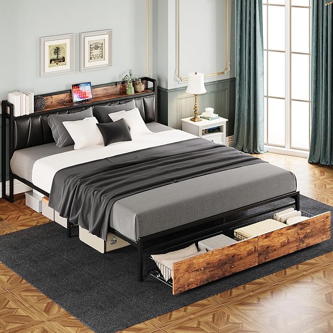 LIKIMIO California King Size Bed Frame, Storage Headboard with Charging Station, Platform Bed with Drawers, No Box Spring Needed, Easy Assembly, Vintage Brown and Black
