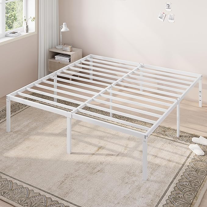 Allewie King Size Bed Frame, 18 Inch Metal Platform Beds with Storage Space, No Box Spring Needed and Easy Assembly, White