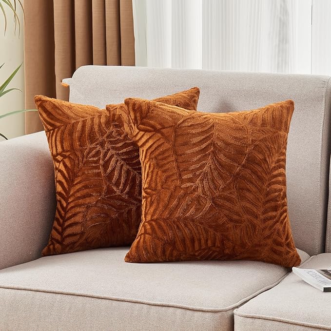 SOCHOW Fall Decorative Throw Pillow Covers 18x18 Inches Set of 2, Soft Leaves Textured Flannel Fleece Pillowcase Square Cushion Covers for Sofa Couch Bed, Caramel