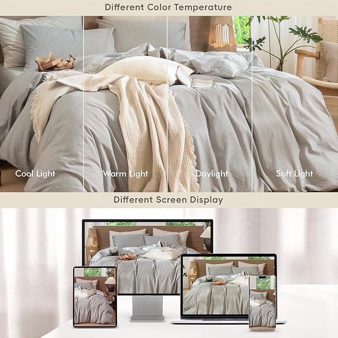 MooMee Striped Duvet Cover Set 100% Washed Cotton Linen Like Textured Breathable Durable Soft Comfy (Dark Grey White Pinstripes, King 104"x90")
