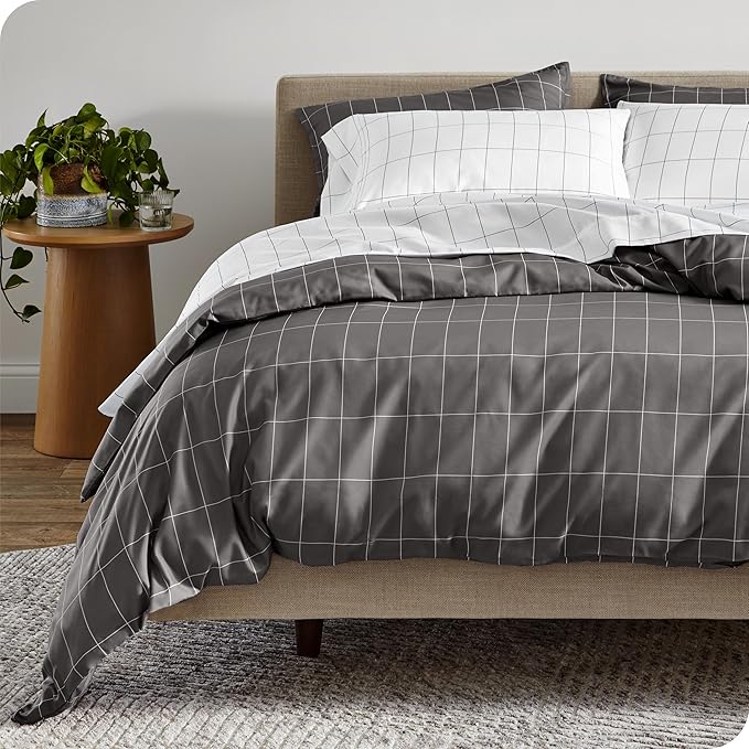 Bare Home Bedding Duvet Cover Queen Size - Premium 1800 Super Soft Collection - Lightweight, Duvet Cover - Soft Textured Bedding (Queen, Grid - Grey/White)
