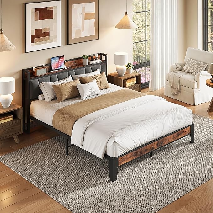 LIKIMIO Full Bed Frame, Storage Headboard with Charging Station, Solid and Stable, Noise Free, No Box Spring Needed, Easy Assembly