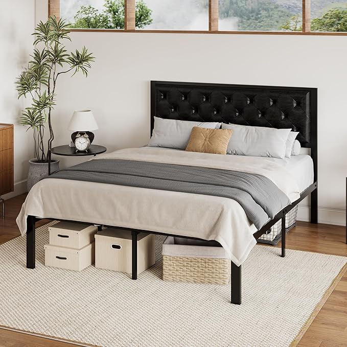 SHA CERLIN Queen Size Metal Platform Bed Frame, PU Leather Upholstered Button Tufted Headboard, Mattress Foundation with 12.4” Under-Bed Storage, Noise-Free, Easy Assembly, No Box Spring Needed, Black